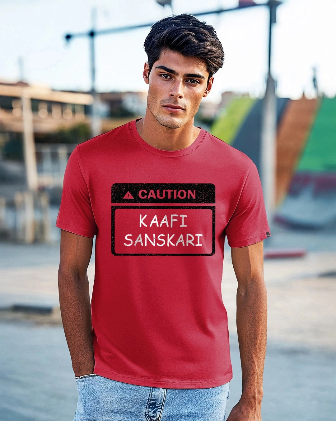 Men's Bold Red Kaafi Sanskari Typography T-shirt