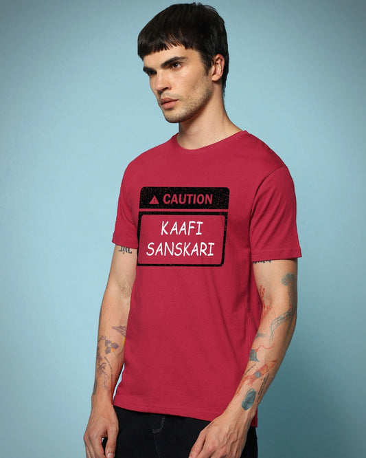 Men's Bold Red Kaafi Sanskari Typography T-shirt