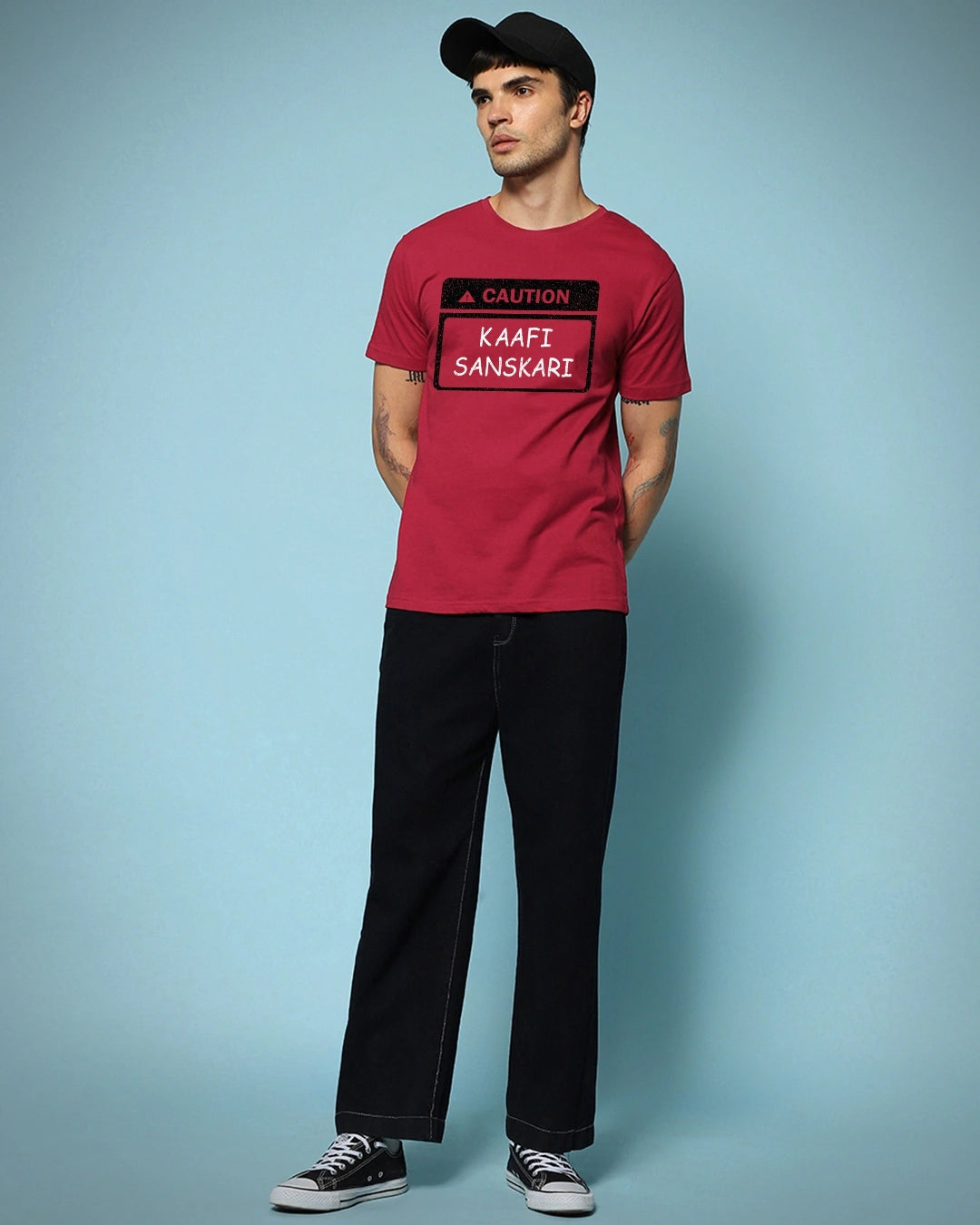 Men's Bold Red Kaafi Sanskari Typography T-shirt